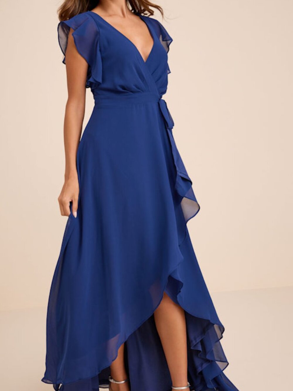 Lulus Ravishing Charm Dark Blue Ruffled Wrap High-low Maxi Dress - Size L